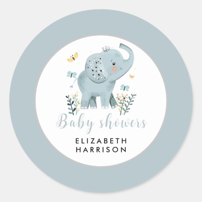 Adorable Elephant Blue Baby Boy Shower Classic Round Sticker (Front)