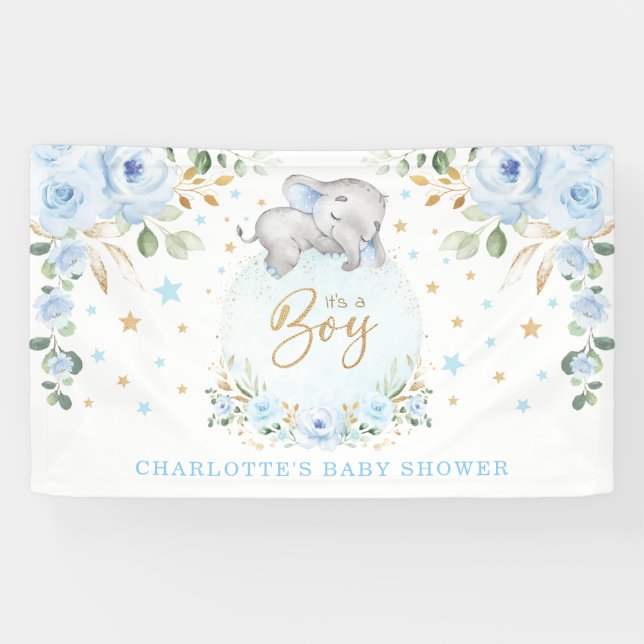 Adorable Elephant Blue Floral Boy Baby Shower Banner (Horizontal)