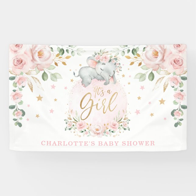 Adorable Elephant Blush Pink Floral Baby Shower Banner (Horizontal)