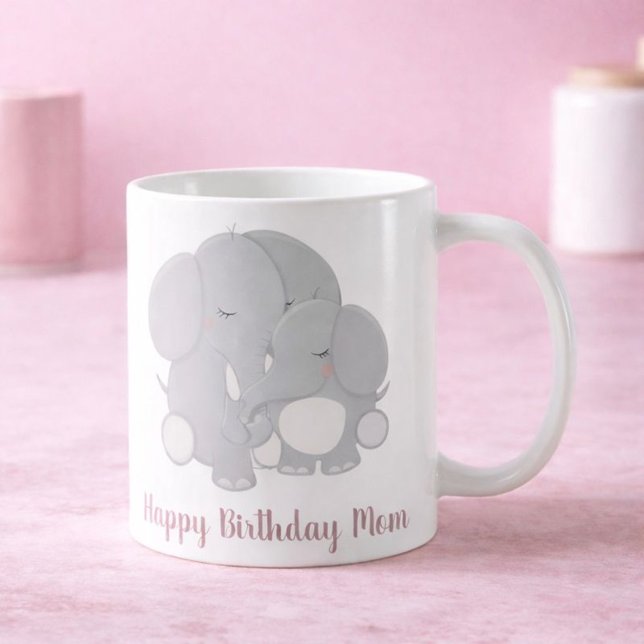 Adorable Elephant Cuddles Happy Birthday Mum Coffee Mug (Creator Uploaded)
