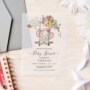 Adorable Elephant Girl Floral Swing Baby Shower Vellum Invitations
