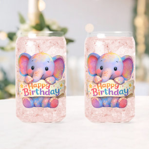 Adorable elephant, happy birthday frosted can glas glass