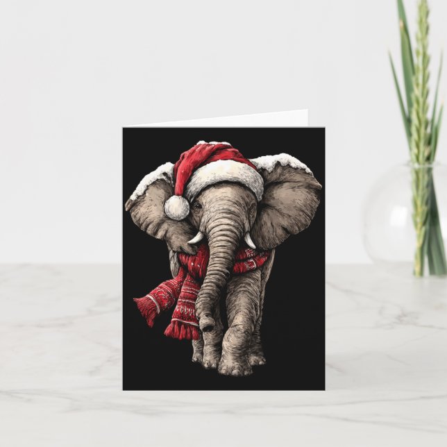 Adorable Elephant In Santa Hat Snowy Winter Christ Card (Front)