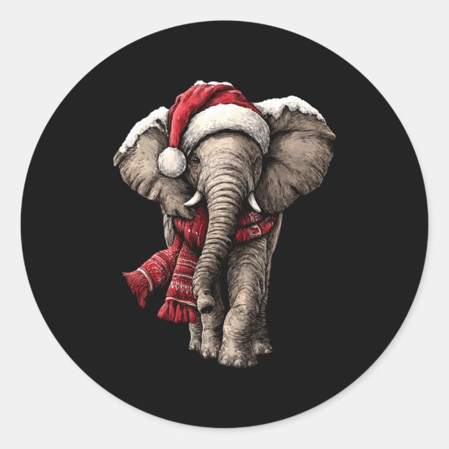 Adorable Elephant In Santa Hat Snowy Winter Christ Classic Round Sticker (Front)