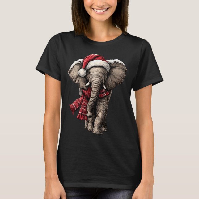 Adorable Elephant In Santa Hat Snowy Winter Christ T-Shirt (Front)