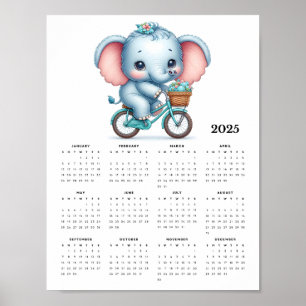 Adorable Elephant on a Bicycle 2025 Wall Calendar Poster