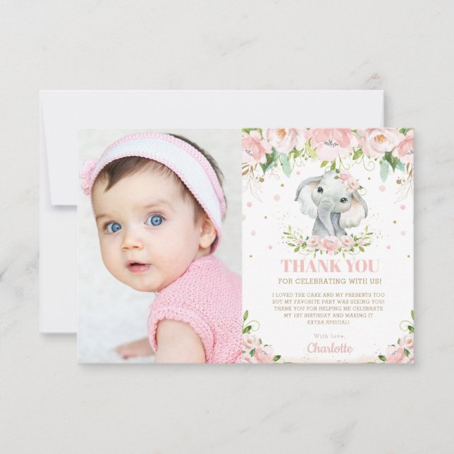 Adorable Elephant Pink Floral Girl 1st Birthday Thank You Card (Front)