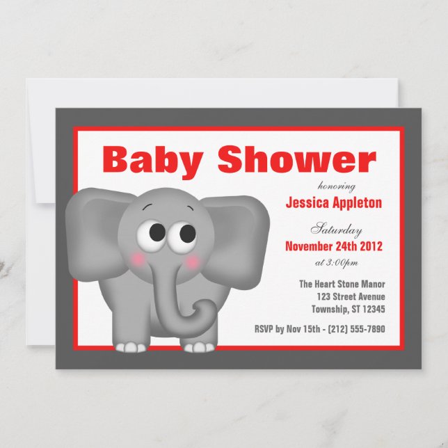 Adorable Elephant Red Baby Shower Invitations (Front)