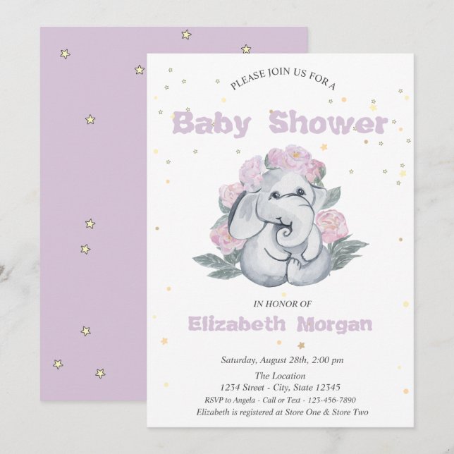 Adorable Elephant,Stars Flowers Baby Shower  Invitation (Front/Back)