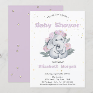 Adorable Elephant,Stars Flowers Baby Shower  Invitation