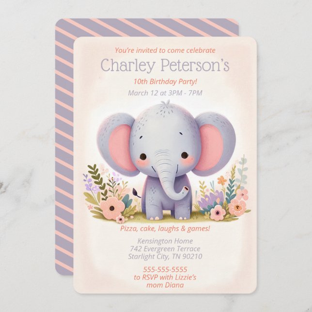 Adorable Elephant Themed Birthday Party for Kids Invitation (Front/Back)