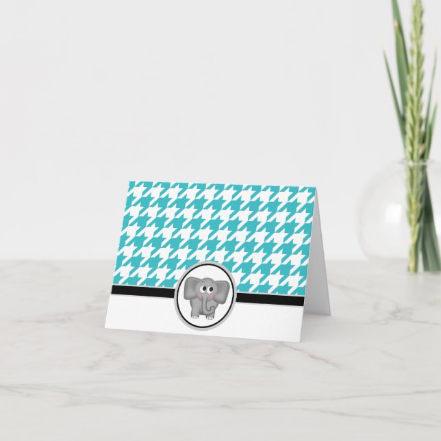 Adorable Elephant Turquoise Houndstooth Cards (Front)