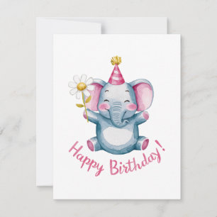 Adorable Elephant with Party Hat and Flowers Holiday Card
