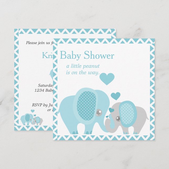 Adorable Elephants, Baby Boy Shower Invitation (Front/Back)