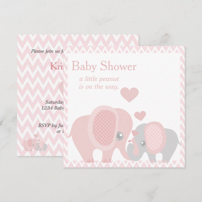 Adorable Elephants, Baby Girl Shower Invitation (Front/Back)