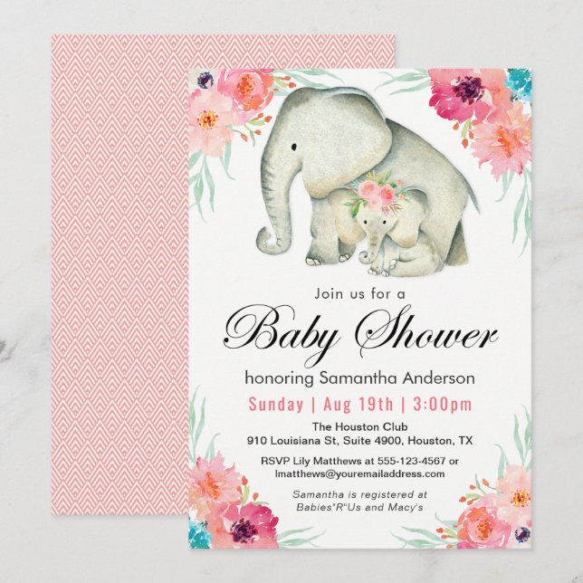 Adorable Elephants Girl Baby Shower Invitation (Front/Back)