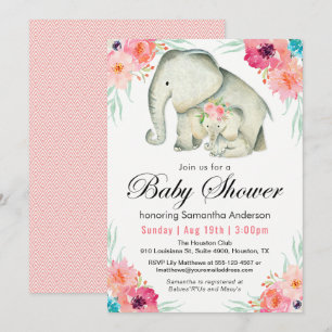 Adorable Elephants Girl Baby Shower Invitation