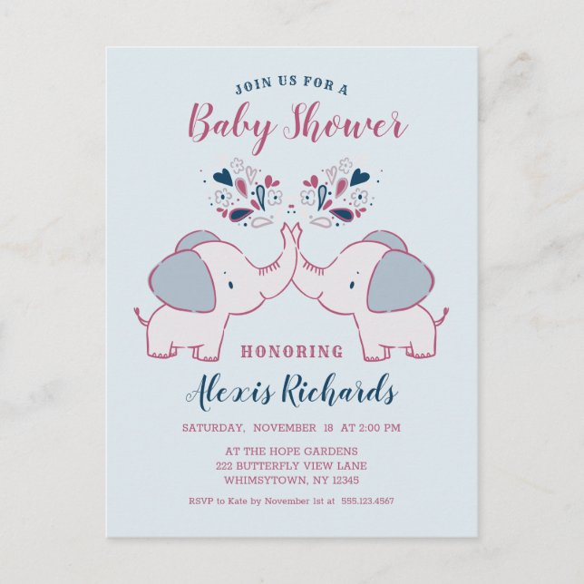 Adorable Elephants & Hearts Cute Baby Shower Invitation Postcard (Front)