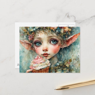 Adorable Elf With a Cupcake Postcard