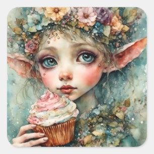 Adorable Elf With a Cupcake Square Sticker