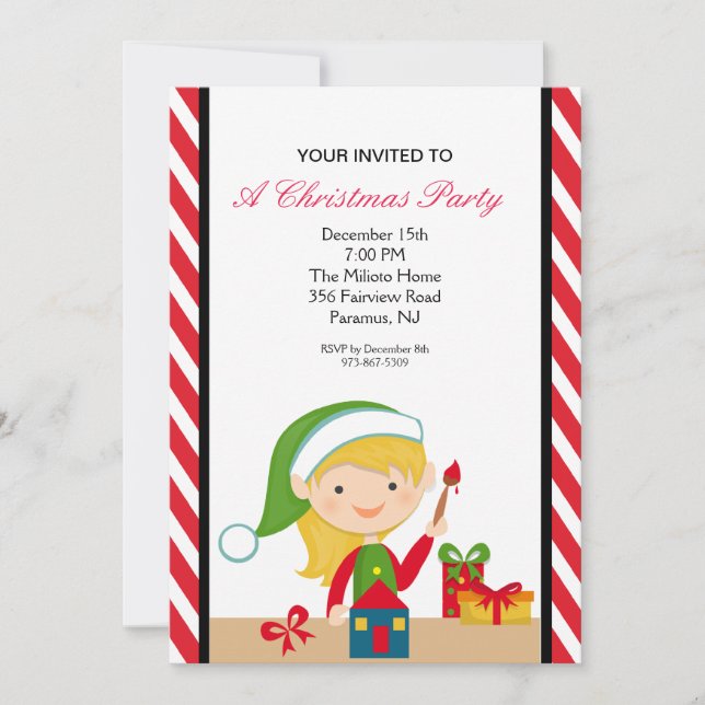 Adorable Elf working in Workshop Party Invite (Front)