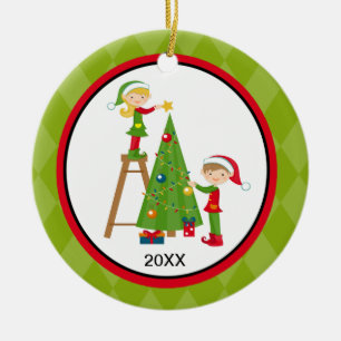 Adorable Elves Decorating Tree Christmas Ornament