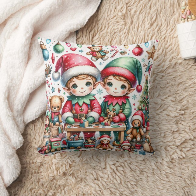 Adorable Elves in Santa's Workshop Christmas Cushion (Blanket)