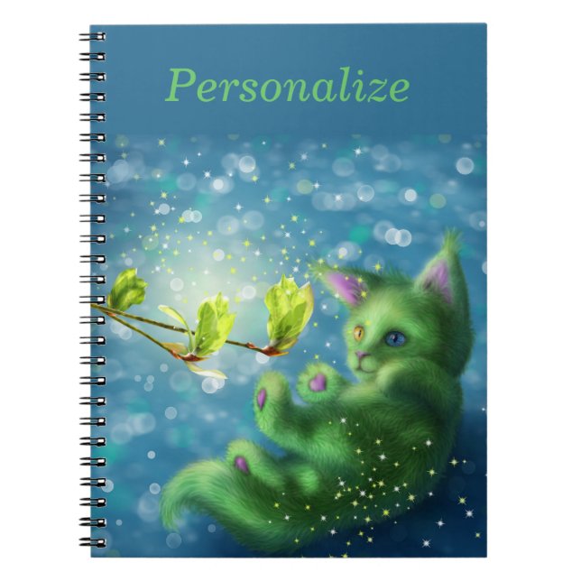 Adorable Enchanted Green Kitten Personalise Notebook (Front)