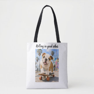 ADORABLE ENGLISH BULLDOG ON SKATE BOARD TOTE BAG