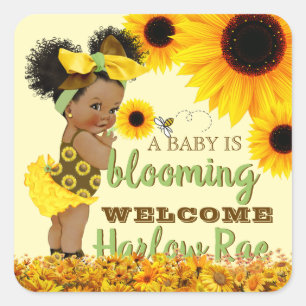 Adorable Ethnic Baby Girl   Yellow Sunflower Square Sticker