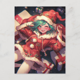 Adorable Excited Santa Anime Girl and Presents Holiday Postcard