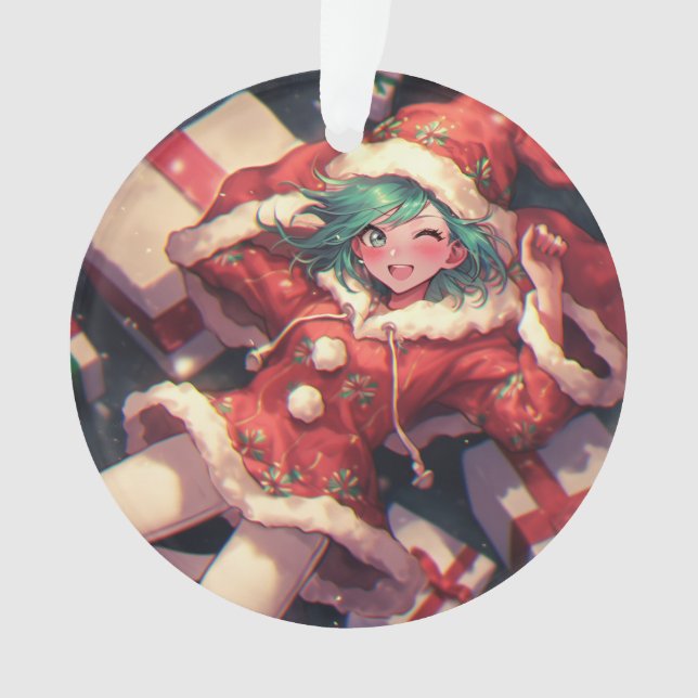 Adorable Excited Santa Anime Girl and Presents Ornament (Front)