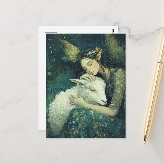 Adorable fairy and her sheep asleep postcard (Front/Back In Situ)