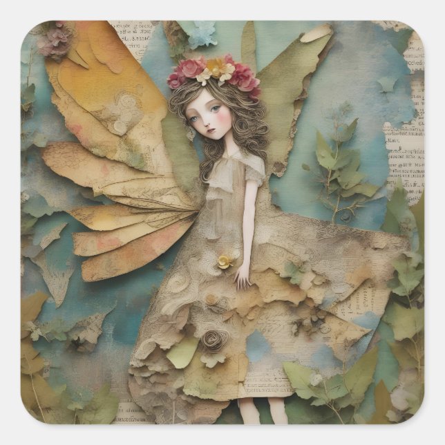 Adorable Fairy Mixed Media Collage Square Sticker (Front)