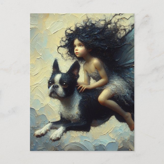 Adorable Fairy Riding a Boston Terrier Postcard (Front)