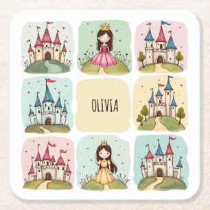 Adorable Fairy Tale Castle & Princess Doodles Square Paper Coaster