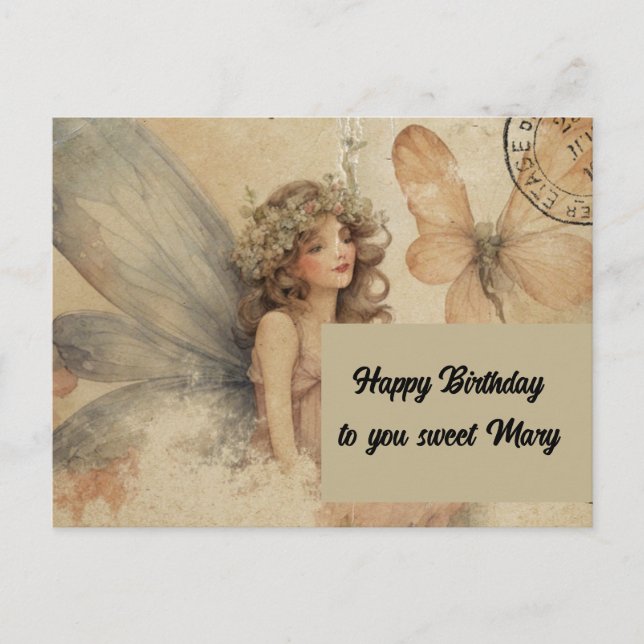  Adorable Fairy Vintage Grunge Birthday Postcard (Front)