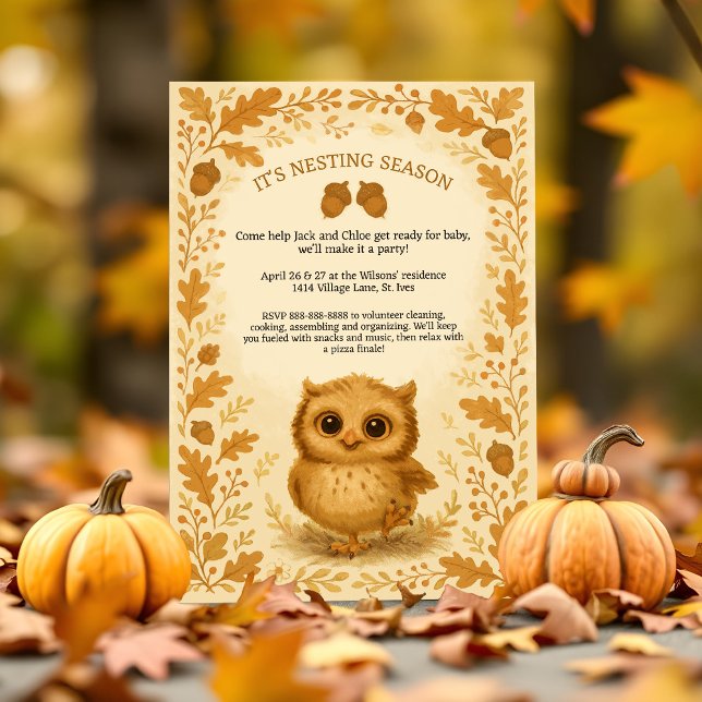 Adorable Fall Nesting Party Whimsical Owl Woodland Invitation (Whimsical fall baby shower invite with cute owl, rustic woodland charm, and autumn foliage.)