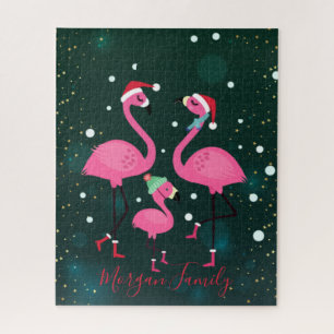 Adorable Family Flamingos Santa Hat Green Jigsaw Puzzle