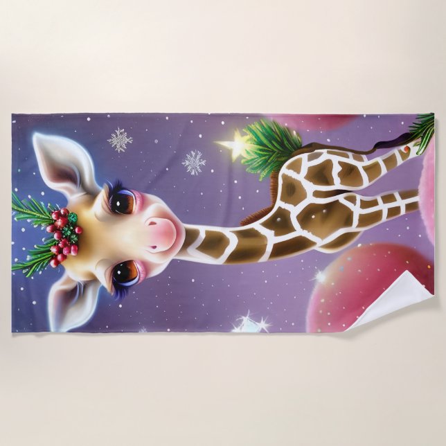 Adorable Fantasy Baby Giraffe with Holly  Beach Towel (Front)