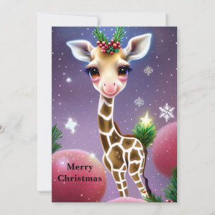 Adorable Fantasy Baby Giraffe with Holly Holiday Card