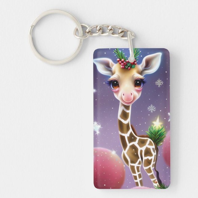 Adorable Fantasy Baby Giraffe with Holly  Key Ring (Front)