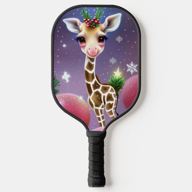 Adorable Fantasy Baby Giraffe with Holly  Pickleball Paddle (Front)