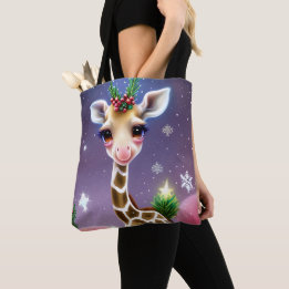 Adorable Fantasy Baby Giraffe with Holly Tote Bag