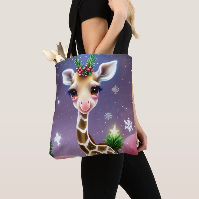 Adorable Fantasy Baby Giraffe with Holly  Tote Bag (Close Up)