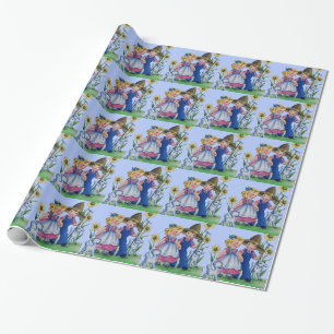 adorable farm boy and farm girl 1940s wrapping paper