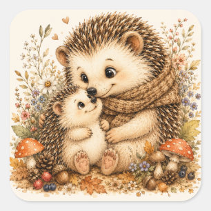 Adorable Father Hedgehog and Baby Cosy Hug Square Sticker