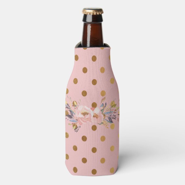 Adorable  Faux Gold Polka Dots Flowers Bottle Cooler (Bottle Front)