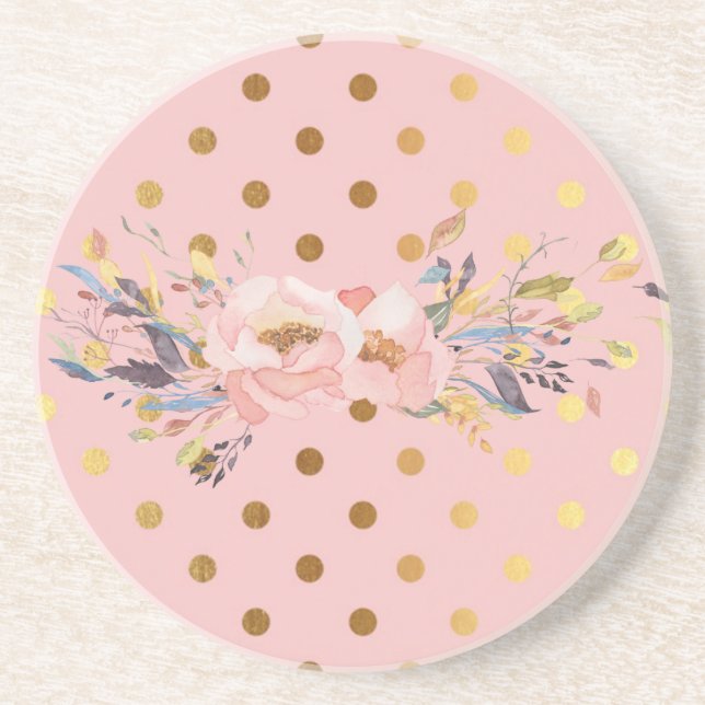 Adorable  Faux Gold Polka Dots Flowers Coaster (Front)