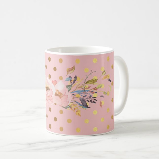 Adorable  Faux Gold Polka Dots Flowers Coffee Mug (Front Right)